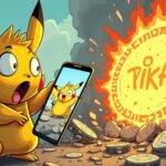 An illustration of a cartoon COO character with a shocked expression holding a smartphone displaying the Pokémon Pikachu on screen, surrounded by scattered coins and broken chains representing security breaches, while in the background a Solana-based memecoin logo (PIKA) is seen crashing down