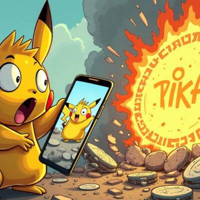 An illustration of a cartoon COO character with a shocked expression holding a smartphone displaying the Pokémon Pikachu on screen, surrounded by scattered coins and broken chains representing security breaches, while in the background a Solana-based memecoin logo (PIKA) is seen crashing down