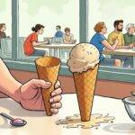 An illustration of a person sitting at an ice cream parlor counter with two cones in front of them: one empty and the other full. The empty cone has a few crumbs on it but no visible signs of being licked or eaten from; the full cone is partially melted, revealing that someone had been eating directly out of it before leaving some behind. A spoon lies next to the person's hand with ice cream stuck in its bowl. In the background there are several people walking by outside through a window while others sit at tables enjoying their own desserts inside.