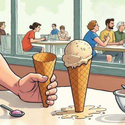 An illustration of a person sitting at an ice cream parlor counter with two cones in front of them: one empty and the other full. The empty cone has a few crumbs on it but no visible signs of being licked or eaten from; the full cone is partially melted, revealing that someone had been eating directly out of it before leaving some behind. A spoon lies next to the person's hand with ice cream stuck in its bowl. In the background there are several people walking by outside through a window while others sit at tables enjoying their own desserts inside.
