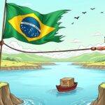 An illustration of a Brazilian flag being pulled apart by two opposing forces: one force is holding onto it with a traditional payment rail (SWIFT) rope tied around their waist while another force holds onto USDC stablecoin ropes, both trying to pull in opposite directions as they stand on either side of the Rio Grande river. The background features Latin American countries and cities represented by tiny flags waving gently in the wind. A small boat sails across the river carrying a crate labeled "Cross Border Payments".