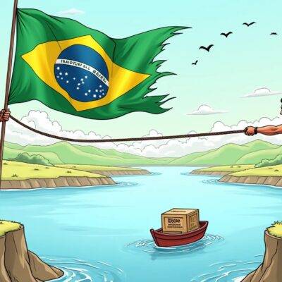 An illustration of a Brazilian flag being pulled apart by two opposing forces: one force is holding onto it with a traditional payment rail (SWIFT) rope tied around their waist while another force holds onto USDC stablecoin ropes, both trying to pull in opposite directions as they stand on either side of the Rio Grande river. The background features Latin American countries and cities represented by tiny flags waving gently in the wind. A small boat sails across the river carrying a crate labeled "Cross Border Payments".