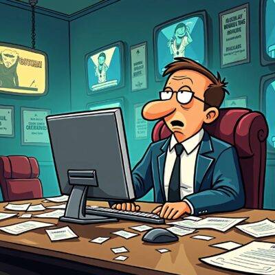 An illustration: A cartoon bank executive sits at a desk amidst chaos; papers are scattered everywhere; his computer screen displays an image of a hacker in sunglasses holding up a "Gotcha" sign while regulators stand behind him with handcuffs ready to be applied, as he looks on in despair and confusion. The background is filled with images of data breaches and cybersecurity warnings flashing by like TV screens. In the corner, three empty chairs sit at his table representing the departing executives; one chair has a note that reads "See you later".