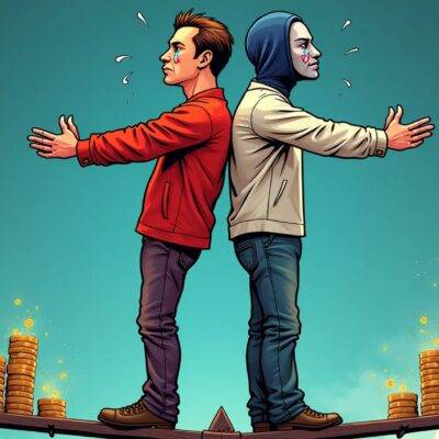 An illustration of two people, one in red and one in blue, standing back-to-back on top of a seesaw with Bitcoin price chart bars as weights at each end; their arms are stretched out wide holding onto opposite ends of the bar that connects them to prevent falling off while they stare intensely into space. The person in red is wearing a frown and has tears streaming down his face, indicating despair or sadness due to losing money on cryptocurrency investments. In contrast, the blue figure appears calm with an expressionless mask covering their emotions;