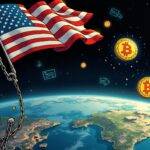 An illustration of the US flag being lowered in slow motion as it falls into darkness with broken chains around its pole; A bitcoin falling from an invisible hand through space towards Earth below. In the background are scattered images of stablecoins, hardware wallets, a Nasdaq logo, and faint outlines of hackers' screens displaying malicious firmware. The scene is set against a backdrop of cryptic symbols representing market fluctuations. At the bottom left corner lies a broken seed word with its fragments floating away in different directions.