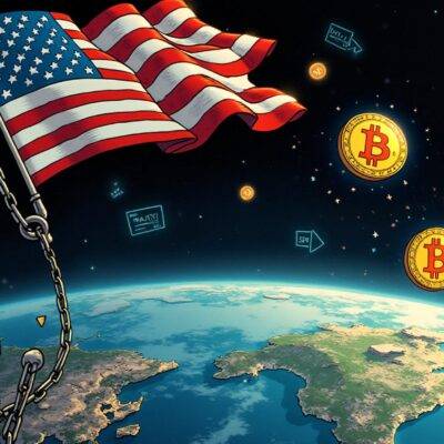 An illustration of the US flag being lowered in slow motion as it falls into darkness with broken chains around its pole; A bitcoin falling from an invisible hand through space towards Earth below. In the background are scattered images of stablecoins, hardware wallets, a Nasdaq logo, and faint outlines of hackers' screens displaying malicious firmware. The scene is set against a backdrop of cryptic symbols representing market fluctuations. At the bottom left corner lies a broken seed word with its fragments floating away in different directions.