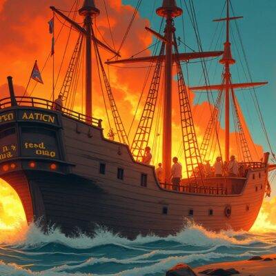 An illustration of a Crypto Bro character standing at the bow of an NFT ship with flames engulfing it behind him, while another version of himself is walking away from the burning wreckage towards a Meta logo in the distance. The first figure has his arms raised and hands on head as if defeated or frustrated, whereas the second one looks relieved and relaxed