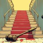 An illustration of a judge's gavel lying broken at the base of a staircase with 9 steps leading up to it, while one step is highlighted in red and marked by an arrow pointing upwards; above the stairs, two opposing figures stand facing each other: on the left side stands a confident figure holding a briefcase labeled "SEC", looking down towards the gavel, while on the right side stands another figure with arms crossed and eyes cast downwards
