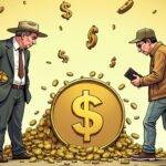 An illustration of two figures: one dressed as a millionaire with gold coins spilling out from his pockets, standing next to an overflowing treasure chest; another figure wearing casual clothes holding a small wallet and looking at the ground. The background is filled with dollar signs swirling around them in different directions. A large coin splits between both characters but leans towards the wealthy individual. In contrast, one of the figures' shoes has fallen off while trying to keep up with their wealthier counterpart's pace.