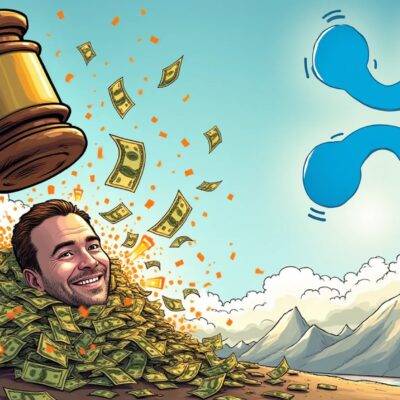 An illustration: A judge's hammer falls from 94% high to $125 million on impact; below it, an image of Brad Garlinghouse smiling with a thumbs up amidst falling dollar bills and confetti in celebration. In the background, Ripple Labs' logo is seen rising above XRP tokens forming mountains. The SEC's headwinds are depicted as gusts blowing away from the scene. A faint outline of Judge Analisa Torres can be seen standing over the illustration, looking down with a serious expression.