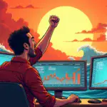 A comic-style illustration of a crypto trader frantically pumping their fist in excitement while surrounded by rising charts and graphs on multiple screens. In the background, a red wave crashes against a blue one, symbolizing resistance being overcome.