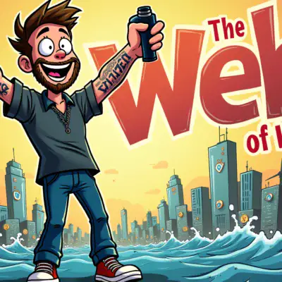 A cartoon crypto enthusiast is shown excitedly holding a tattoo gun while standing in front of a cityscape with Web3 logos scattered around him. A giant 'Proof-of-Ink' logo looms large behind him as he enthusiastically holds up his latest creation, a tattooed arm that reads 'Web3 Citizen'. In the background, various cryptocurrencies and DeFi platforms are shown being swept away by an incoming wave of interest rates.