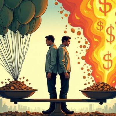 An illustration of two figures standing back-to-back facing opposite directions: one figure surrounded by inflating balloons labeled with dollar signs while the other is engulfed in flames amidst sinking coins; both figures stand on either side of a large scale weighing their assets. In the background, a cityscape represents market fluctuations and volatility
