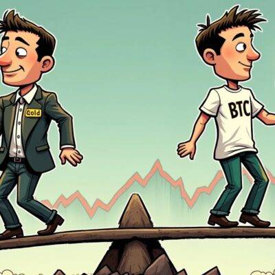 An illustration of two cartoon figures standing back-to-back at opposite ends of a seesaw, with one figure holding a gold bar and wearing a suit labeled "Gold", while the other holds a bitcoin symbol and wears a t-shirt reading "BTC". The background features an upward-trending stock market graph