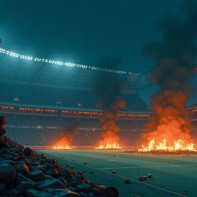 An illustration of an empty stadium at night, lit only by faint lights in the distance and smoke rising from burning seats; a lone figure stands on top of one of the bleachers looking out over the desolate landscape with arms raised in despair as flames engulf the surrounding area below. In the foreground, shattered glass and broken debris scatter across the ground amidst scattered sports equipment like abandoned soccer balls and torn jerseys.