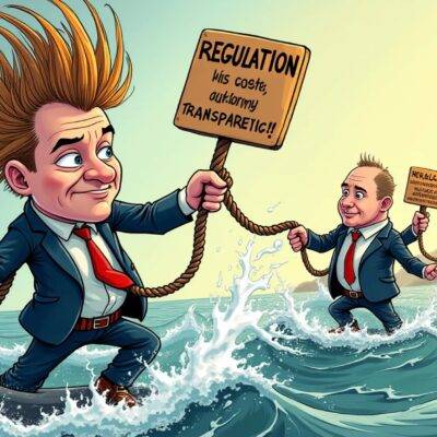 An illustration: A cartoon CEO with his hair standing up like spikes from a madman's head; he has one hand holding onto an anchor while being pulled away by strong winds towards a stormy sea representing the proposed ban. In the background are two other figures - Steve Humenik and Coinbase, both trying to pull him back using ropes labeled as 'regulation' and 'transparency'. The CEO is surrounded by warning signs of 'over-regulation', 'excessive authority', and 'drafting errors'. A faint image of a CFTC building can be seen in the distance.