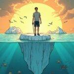 An illustration of a person standing at the edge of an iceberg with their eyes closed while holding onto a rope tied around their waist; below them is water filled with sinking coins and broken chains representing lost investments and financial instability, in contrast to calm waters above where seagulls fly freely. The sky behind has dark clouds gathering amidst scattered sun rays symbolizing warning signs ignored by the person who remains oblivious to the dangers ahead.