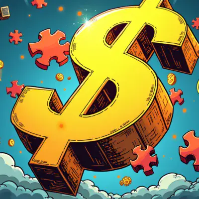 A comic illustration depicting various cryptocurrency companies merging into each other like puzzle pieces, while a giant dollar sign looms in the background, surrounded by smaller icons of computers, servers, and energy sources.