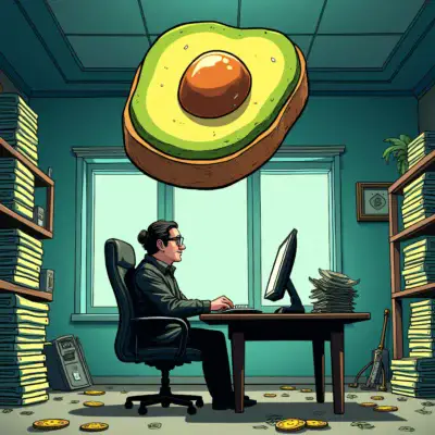 A cartoon hacker sits at a desk surrounded by stacks of cash, with a giant avocado toast hovering above them out of reach. The room is filled with broken computers and scattered cryptocurrency coins.