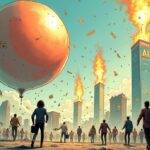 An illustration of a giant bubble floating above a cityscape with skyscrapers and buildings labeled as 'AI' or 'Crypto', bursting into pieces, while below people are running away from falling debris in panic; some figures holding briefcases and others carrying bags, amidst chaos and destruction. In the background, flames rise up where once stood Nvidia's logo on one of the towers now destroyed by the bubble burst. The cityscape is littered with broken glass, rubble, and scattered papers labeled 'AI', while a few people are shown crying or screaming in despair;