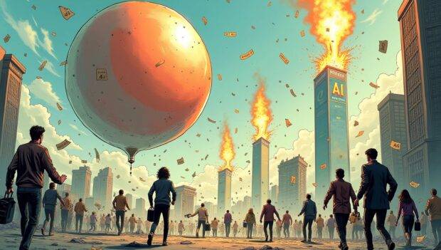 An illustration of a giant bubble floating above a cityscape with skyscrapers and buildings labeled as 'AI' or 'Crypto', bursting into pieces, while below people are running away from falling debris in panic; some figures holding briefcases and others carrying bags, amidst chaos and destruction. In the background, flames rise up where once stood Nvidia's logo on one of the towers now destroyed by the bubble burst. The cityscape is littered with broken glass, rubble, and scattered papers labeled 'AI', while a few people are shown crying or screaming in despair;
