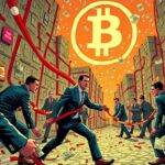An illustration of a bureaucratic maze, filled with red tape and warning signs, engulfing a smiling cryptocurrency investor who is being dragged away by stern-looking government agents amidst swirling dollar bills and Bitcoin symbols in the background. A giant "Money" sign looms overhead as a central bank digital currency coin crashes to the ground below
