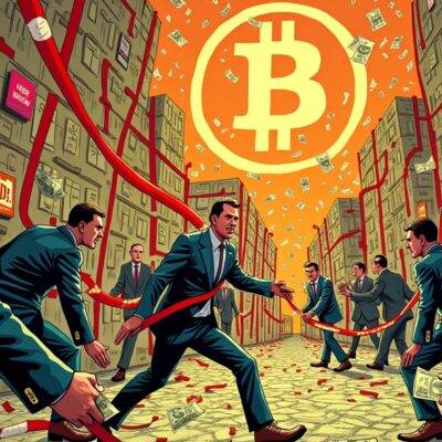 An illustration of a bureaucratic maze, filled with red tape and warning signs, engulfing a smiling cryptocurrency investor who is being dragged away by stern-looking government agents amidst swirling dollar bills and Bitcoin symbols in the background. A giant "Money" sign looms overhead as a central bank digital currency coin crashes to the ground below