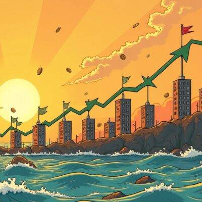 An illustration of an upward trending line with green arrows on top of a downward sloping graph representing Ether's price drop; in the background, nine small buildings are rising while one is sinking. The scene takes place at sunset over water with waves splashing against rocks below. A large sun sets behind the buildings casting long shadows across them. In the foreground, several coins and dollar bills float upwards towards the trend line as if being drawn to it.