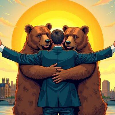 An illustration of a Canadian politician with their arms open wide embracing two large bears representing Kraken and Coinbase as they are giving each other bro hugs, while behind them is an image of a rising sun symbolizing the growth of digital assets adoption in Canada amidst regulatory developments. The scene takes place on Parliament Hill overlooking Ottawa River.