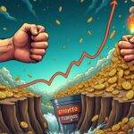 An illustration: A cartoonish graph showing an upward trend in cryptocurrency trading volume; two giant hands grasping each other across a chasm filled with coins of various denominations and symbols representing different cryptocurrencies. The background features swirling shapes resembling digital waves, while at the top, several institutional logos are visible amidst clouds of rising smoke from burning cash notes. In the foreground, a large stablecoin is shown being poured into an overflowing bucket labeled "Crypto-to-crypto trades".