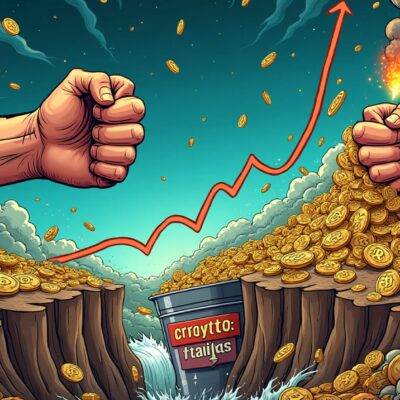 An illustration: A cartoonish graph showing an upward trend in cryptocurrency trading volume; two giant hands grasping each other across a chasm filled with coins of various denominations and symbols representing different cryptocurrencies. The background features swirling shapes resembling digital waves, while at the top, several institutional logos are visible amidst clouds of rising smoke from burning cash notes. In the foreground, a large stablecoin is shown being poured into an overflowing bucket labeled "Crypto-to-crypto trades".