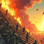 An illustration of an ascending staircase made from dollar bills and coins with Bitcoin and Ethereum symbols rising upwards amidst flames engulfing falling stocks as people jump into the fray wearing parachutes while others are shown being swept away by strong winds, all set against a backdrop of a cityscape at sunset.  A large rocket ship blasts off in the distance leaving behind a trail of sparks.