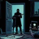 An illustration: A shadowy figure with a ski mask covering his face breaks into an open door at night, holding a gun while another person cowers behind them; the room is filled with scattered belongings as if they were rummaged through. In the background, there are two windows showing silhouettes of people looking out in shock and fear. The figure's hand holds onto their phone displaying a cryptocurrency transaction confirmation screen on it. A torn piece of paper lies nearby bearing an image of Monero logo;