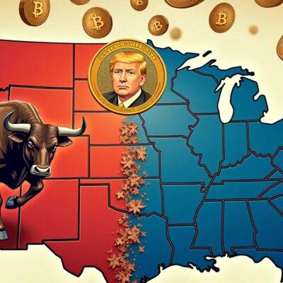 An illustration: A divided US map with a red state on one side representing Republican policies and blue states on the other side representing Democratic policies. The red area has an image of a bull charging forward symbolizing growth, while the blue area is depicted as being held back by chains indicating restrictive measures. In between these two areas are images of cryptocurrency symbols such as Bitcoin logos floating upwards towards the top where they merge into one large coin with Trump's face on it and in smaller text "Crypto President" written below.