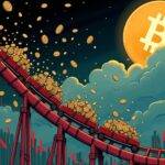 An illustration of a rollercoaster plummeting down a steep hill with its cars filled with falling stocks (represented as tiny coins) amidst chaotic market indicators like red arrows and downward-pointing graphs surrounding it; the background is darkened to convey turmoil. A faint image of Bitcoin can be seen in the distance, partially hidden by clouds, symbolizing uncertainty about future prospects. The overall atmosphere conveys a sense of unpredictability and risk associated with investing during times of global market downturns.