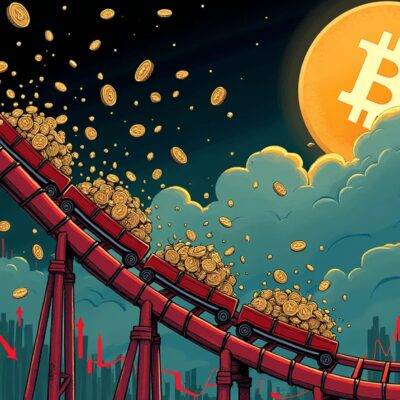 An illustration of a rollercoaster plummeting down a steep hill with its cars filled with falling stocks (represented as tiny coins) amidst chaotic market indicators like red arrows and downward-pointing graphs surrounding it; the background is darkened to convey turmoil. A faint image of Bitcoin can be seen in the distance, partially hidden by clouds, symbolizing uncertainty about future prospects. The overall atmosphere conveys a sense of unpredictability and risk associated with investing during times of global market downturns.
