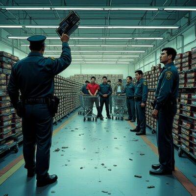 An illustration depicting a large supermarket filled to capacity with rows upon rows of graphics cards stacked high from floor to ceiling, surrounded by police tape and empty shopping carts scattered about; at center left stands an officer holding up one seized graphic card as another looks over their shoulder into the distance. In the background, two Chinese nationals in handcuffs are led away amidst a flurry of activity while onlookers watch with interest. The scene is bathed in dim light with shadows cast across the walls and floor, evoking a sense of foreboding and illicit activity.