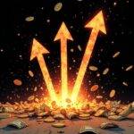 An illustration of an upward arrow rising from the ashes of two broken arrows on a dark background with stars shining above; one star is shaped like a dollar sign while another resembles a coin. In the foreground are scattered coins and dollars bills in various states of disintegration, some torn apart or partially burned but still emitting sparks as they fall towards the ground below where flames flicker amidst smoldering embers. The overall atmosphere conveys growth from adversity with an emphasis on resilience over time.