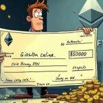 An illustration: A person with a puzzled expression holds an oversized check for $90K while standing next to a small pile of coins worth only $2K, surrounded by falling gwei symbols that are getting smaller as they hit the ground below. In the background, a large Ethereum logo is partially obscured by a cloud of gas fee money escaping from it in all directions. The person's hand holding the check has slipped and some cash is spilling out onto the floor. A faint image of an NFT can be seen on the wall behind them with a price tag that reads $1,000 but looks like it was meant to say something else.