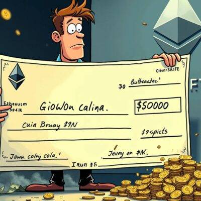 An illustration: A person with a puzzled expression holds an oversized check for $90K while standing next to a small pile of coins worth only $2K, surrounded by falling gwei symbols that are getting smaller as they hit the ground below. In the background, a large Ethereum logo is partially obscured by a cloud of gas fee money escaping from it in all directions. The person's hand holding the check has slipped and some cash is spilling out onto the floor. A faint image of an NFT can be seen on the wall behind them with a price tag that reads $1,000 but looks like it was meant to say something else.