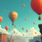 An illustration of a blockchain network with multiple chains rising like balloons from the ground, some bursting while others continue to ascend; in the background, two large chain networks (Ethereum and Tron) are shown side by side, with Ethereum's balloon slightly deflated compared to Tron's. A few venture capitalists stand at the edge of a cliff throwing money into the air as it rains down on the chains below