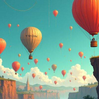 An illustration of a blockchain network with multiple chains rising like balloons from the ground, some bursting while others continue to ascend; in the background, two large chain networks (Ethereum and Tron) are shown side by side, with Ethereum's balloon slightly deflated compared to Tron's. A few venture capitalists stand at the edge of a cliff throwing money into the air as it rains down on the chains below