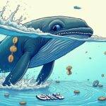 An illustration: A large whale is shown diving into a pool with money bags attached to its body; some coins are floating in the water and others are being swept away by ripples caused by the splash; at the bottom of the pool there's an image representing OKX exchange logo surrounded by rising lines indicating increasing value. The background has waves that resemble cryptocurrency market fluctuations, while a few fish swim around trying to catch the escaping coins.