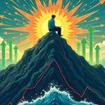 An illustration of a trader sitting on top of a mountain range made up of cryptocurrency charts with gTrade's logo at its peak; in the background, there is an explosion of green arrows symbolizing growth and success while below them are red lines indicating volatility but being absorbed by deep liquidity pools represented as blue waves. The figure has high leverage trading options available to amplify their position size on open trades without closing positions or interacting with wallets for one-click execution.