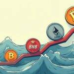 An illustration depicting an upward trend line with a few cryptocurrencies' logos (Bitcoin, Ether, BNB) attached at different points along its path; each logo is slightly offset from the others and appears smaller as it moves up the line, indicating growth or increase in value over time. The background of the image features subtle waves that evoke a sense of market fluctuations but remain calm overall, suggesting stability amidst potential volatility.