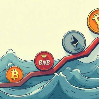An illustration depicting an upward trend line with a few cryptocurrencies' logos (Bitcoin, Ether, BNB) attached at different points along its path; each logo is slightly offset from the others and appears smaller as it moves up the line, indicating growth or increase in value over time. The background of the image features subtle waves that evoke a sense of market fluctuations but remain calm overall, suggesting stability amidst potential volatility.