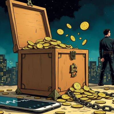 An illustration of an old-fashioned money box with coins spilling out onto the ground. A modern smartphone lies next to it displaying a cryptocurrency chart plummeting downwards. In the background, two figures are shown: one is depicted as being chased by police while holding a briefcase full of cash; another figure stands still in front of a cityscape at night, looking worried and surrounded by broken chains symbolizing freedom from crime. The money box has a cracked lid with coins escaping through it, representing the loss associated with digital asset crimes.