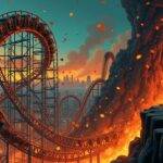 An illustration of an out-of-control rollercoaster with its cars flying off track as it careens through a dark tunnel labeled 'Market Volatility', while above ground other rollercoasters representing various cryptocurrencies spin wildly and crash into each other amidst flames. In the background, a cityscape burns in ruins. A lone figure stands at the edge of the cliff overlooking this chaos, arms outstretched but unable to stop it as they watch their money disappear down below. The sky is filled with falling coins and shattered glass shards.