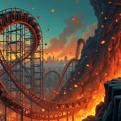 An illustration of an out-of-control rollercoaster with its cars flying off track as it careens through a dark tunnel labeled 'Market Volatility', while above ground other rollercoasters representing various cryptocurrencies spin wildly and crash into each other amidst flames. In the background, a cityscape burns in ruins. A lone figure stands at the edge of the cliff overlooking this chaos, arms outstretched but unable to stop it as they watch their money disappear down below. The sky is filled with falling coins and shattered glass shards.