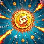 An illustration of a blockchain network with many connected blocks and nodes, some of which are bursting into flames or being hacked by cartoonish villains; in the center is an image of USDT tokens flying through space towards Aptos' logo, surrounded by dollar signs and tiny transaction fees symbols floating around it